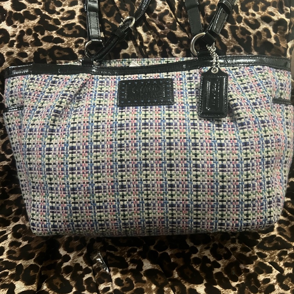 Coach Multicolor Tweed Tote with Black Patent Trim